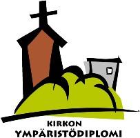 Kirkon ympäristödiplomin logo, jossa on ruskea kirkko kukkulalla
